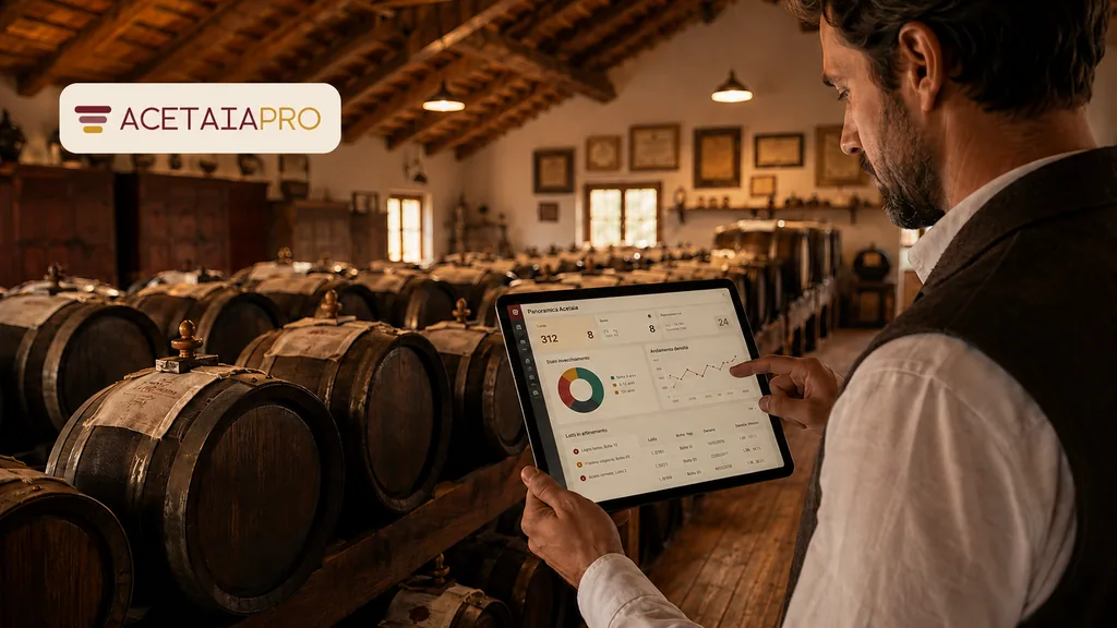 Immagine generata con IA: un addetto consulta su tablet una dashboard con lo stato delle botti mentre è in una cantina tradizionale con batterie di legno — rappresentazione grafica generata, non uno screenshot del prodotto reale.