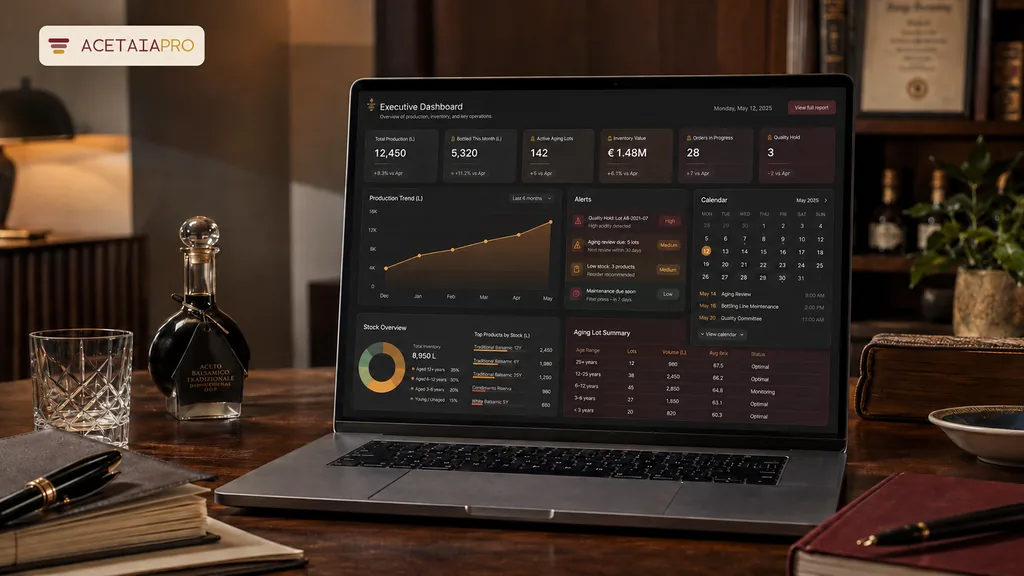Immagine generata con IA: un notebook aperto su una scrivania d'ufficio mostra una dashboard riepilogativa di produzione, scorte e ordini — mockup grafico generato, non uno screenshot del prodotto reale.
