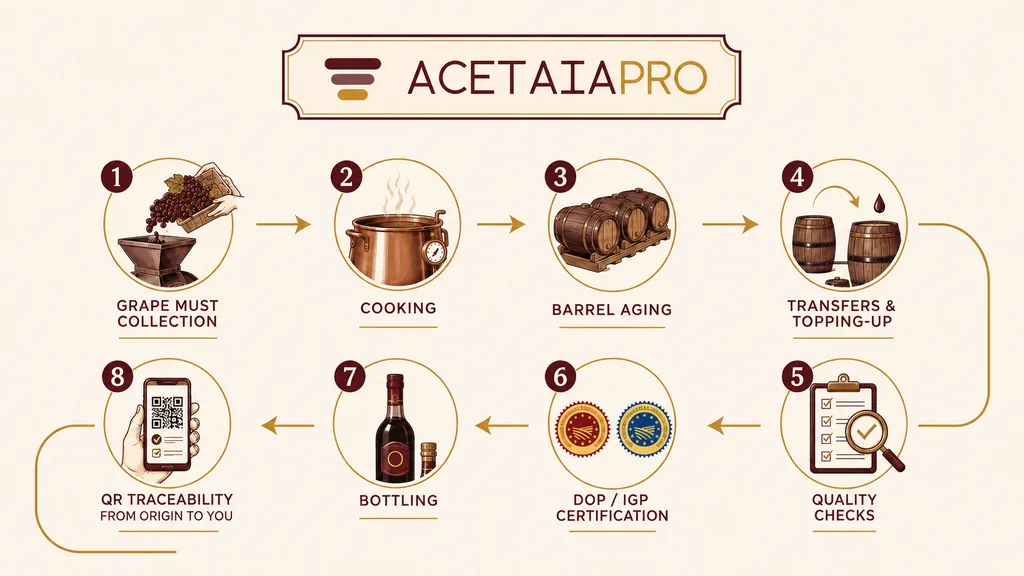 Immagine generata con IA: infografica in lingua inglese che riassume per fasi numerate il percorso produttivo, dalla raccolta dell'uva all'imbottigliamento fino alla verifica finale tramite QR — schema grafico generato, non uno screenshot del prodotto reale.