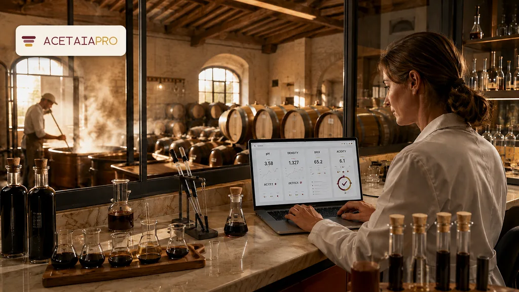 Immagine generata con IA: una persona analizza dati di qualità su laptop accanto a strumenti da laboratorio e campioni di aceto balsamico in un ambiente artigianale — mockup grafico generato, non uno screenshot del prodotto reale.