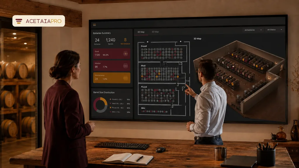 Immagine generata con IA: due persone in cantina davanti a un grande schermo con la dashboard delle batterie di botti, mappa 2D e vista 3D del magazzino — mockup grafico generato, non uno screenshot del prodotto reale.