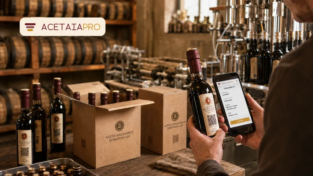 Immagine generata con IA: un addetto inquadra con lo smartphone il QR sull'etichetta di bottiglie di aceto balsamico in cantina — mockup grafico generato, non uno screenshot del prodotto reale.