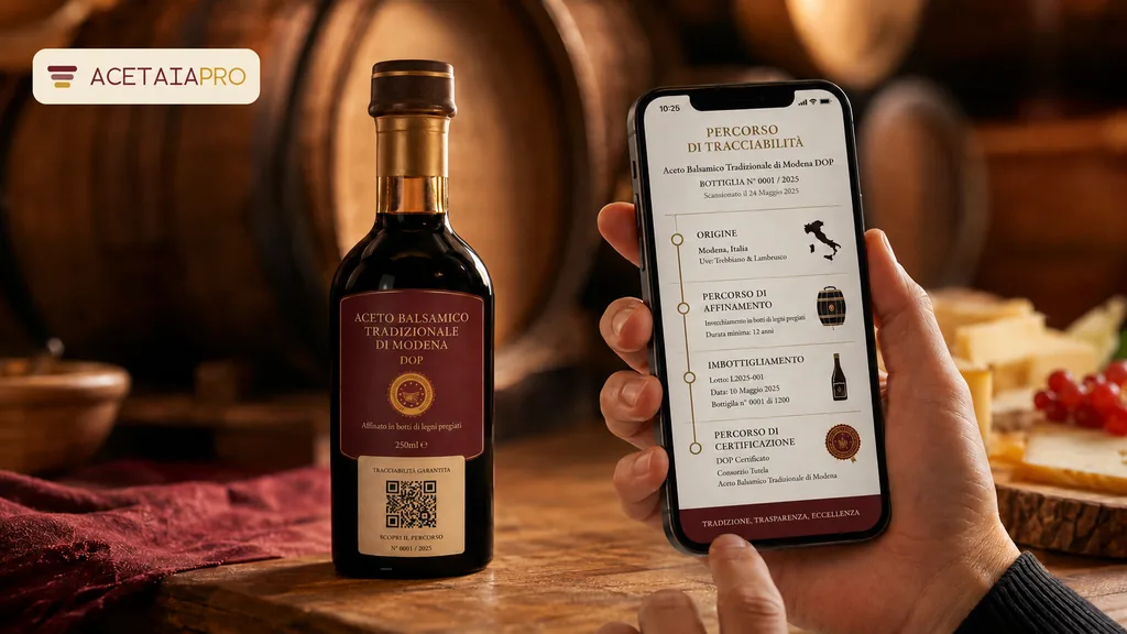 Immagine generata con IA: una persona consulta su smartphone la schermata del percorso di tracciabilità di una bottiglia, accanto a una bottiglia di aceto balsamico — mockup grafico generato, non uno screenshot del prodotto reale.