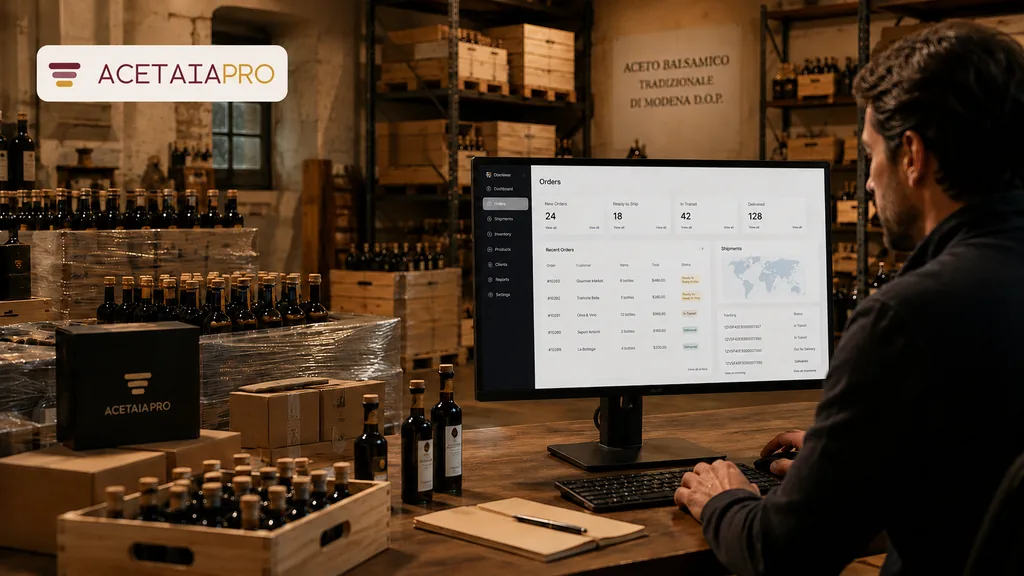 Immagine generata con IA: una persona consulta su monitor da ufficio una dashboard con ordini e giacenze, tra scaffali di bottiglie di aceto balsamico — mockup grafico generato, non uno screenshot del prodotto reale.